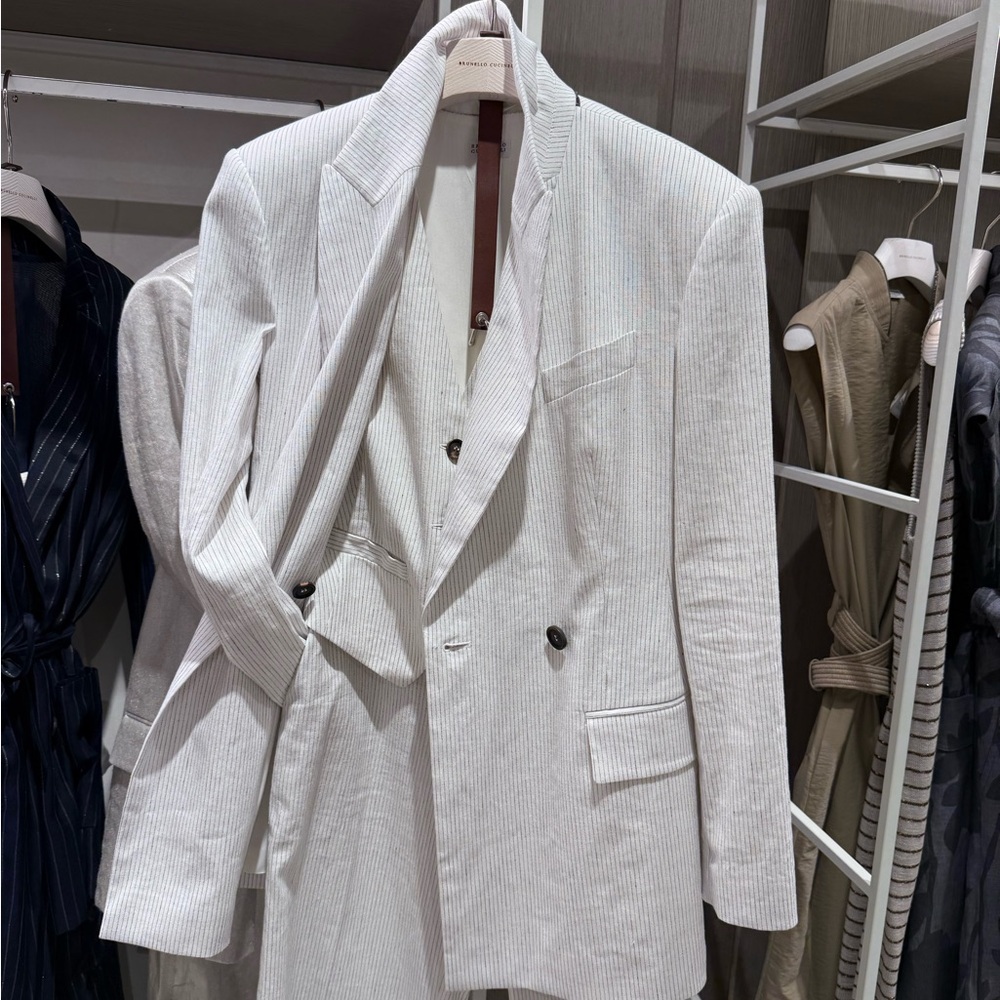 Brunello Cucinelli White Pinstripe Blazer